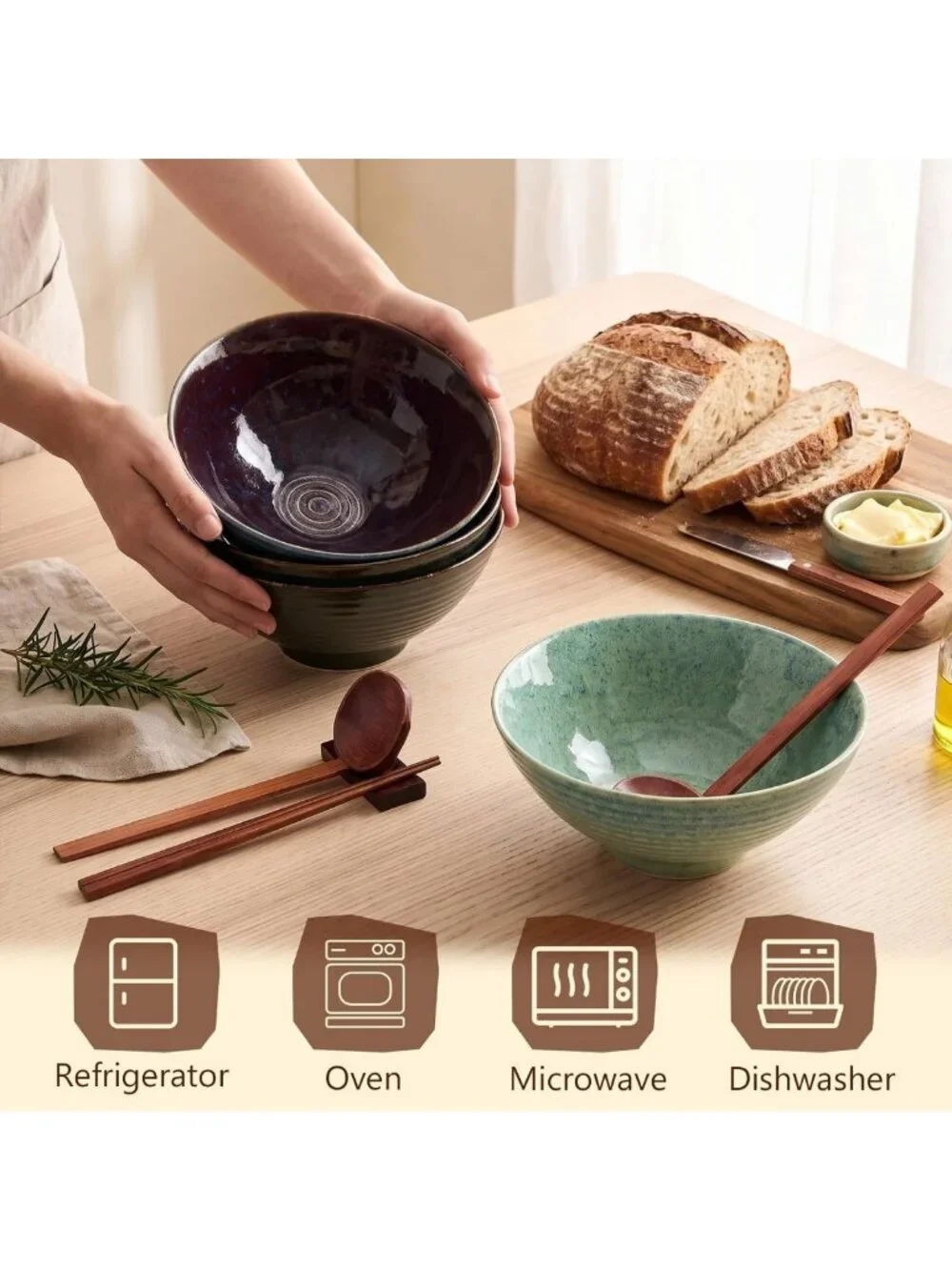 Set of 4 Peacock Green Ceramic Ramen Bowls - 40oz Japanese Style Dinnerware